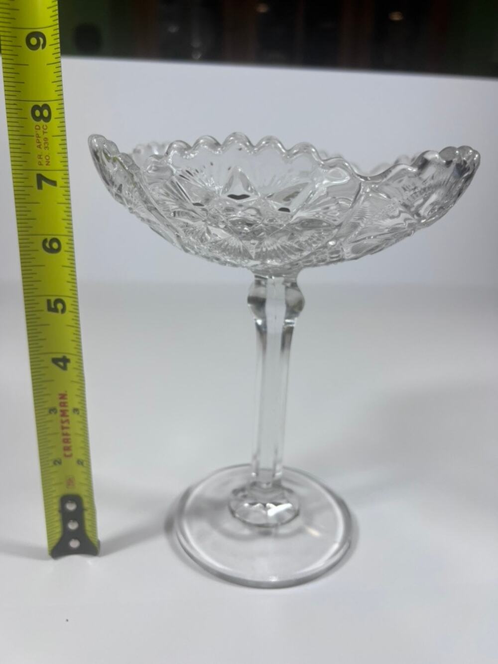 Vintage Pressed Glass Pedestal Compote Dish – Scalloped Rim & Starburst Pattern